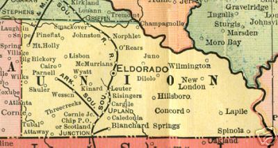 Early map of Union County, Arkansas including Eldorado, El Dorado, Smackover, Norphlet, Strong, Felsenthal, Huttig, Calion, Wesson 